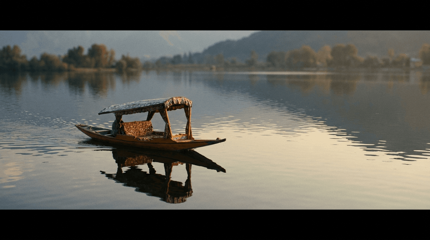 A shikara boat on Dal Lake at golden hour with the Pir Panjal mountains behind